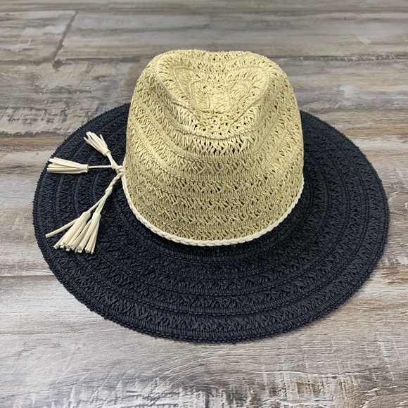 Night Train Straw Hat Tan Black Boho Wide Brim - Picture 6 of 8